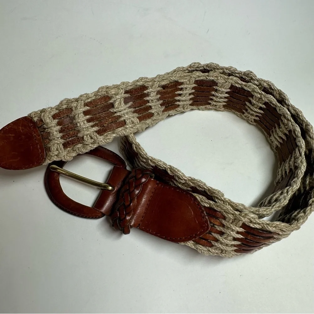 Vintage Liz Claiborne Boho Brown Leather Crochet Jute Interwoven Belt Size Small